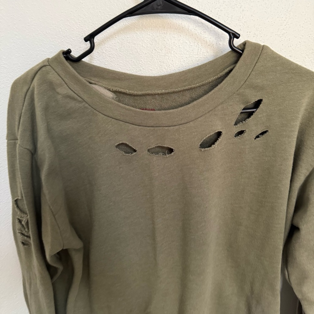 Mossimo Supply Co. Olive Green Distressed Sweatshirt - Picture 3 of 8